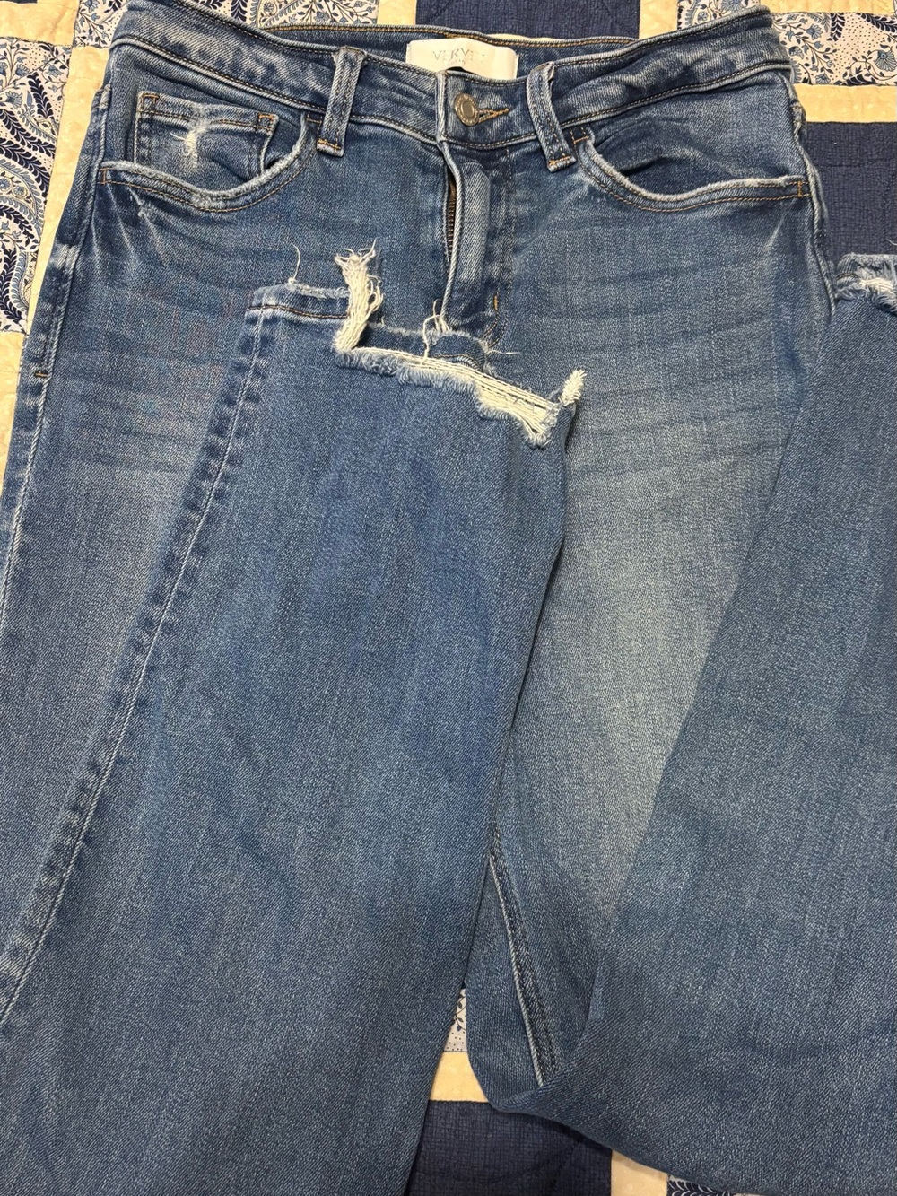 Straight Leg Distressed Women's Jeans in Mid Blue
